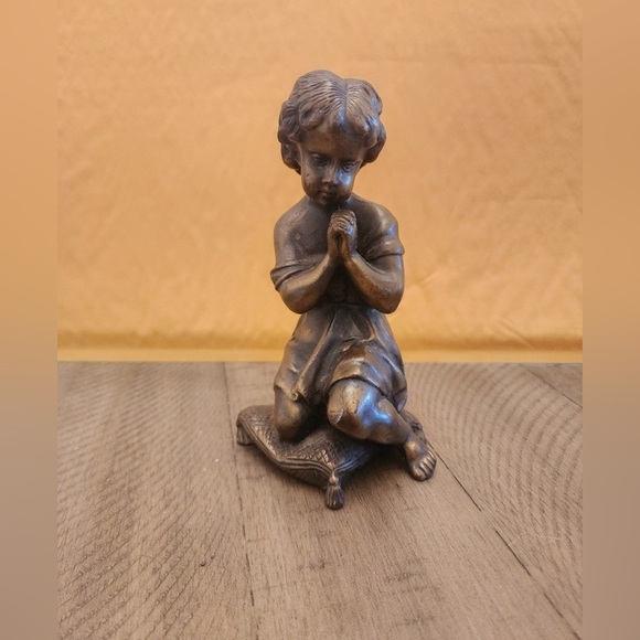 Italian Gilt Bronze Cherub Antique Sculpture Kneeing Praying On Pillow